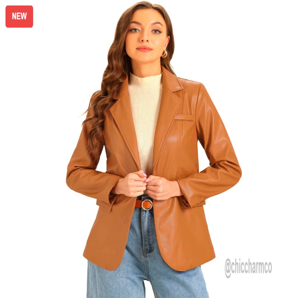 Faux Leather Biker Jacket Oversized Blazer Lapel Collar Chic Moto Style